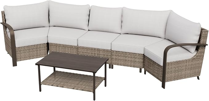 COOS BAY Aurora Terrace 4 Piece Outdoor Sectional Furniture Set, Half Moon Rattan Wicker Conversation Set with 5 Seat Sofa & Coffee Table for Patio Garden Yard, Beige/Beige