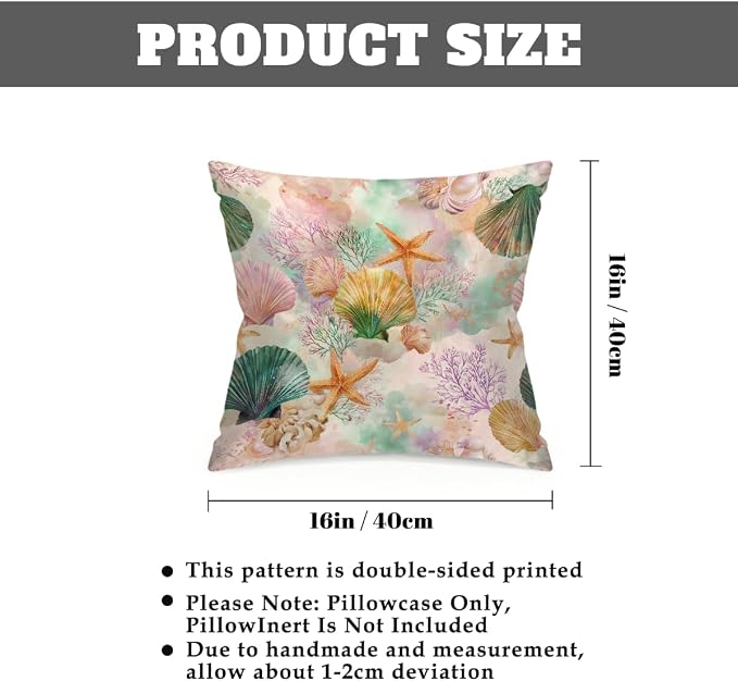 16x16 Inch Outdoor Pillow Covers Set of 2 Waterproof Throw Pillow Covers Decorative Couch Cushion Covers Watercolor Seashells Square Pillowcases Protectors for Patio Garden Sofa