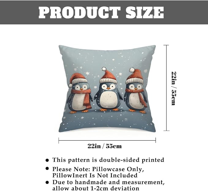 22x22 Inch Outdoor Pillow Covers Set of 2 Waterproof Throw Pillow Covers Decorative Couch Cushion Covers Christmas Penguin Square Pillowcases Protectors for Patio Garden Sofa