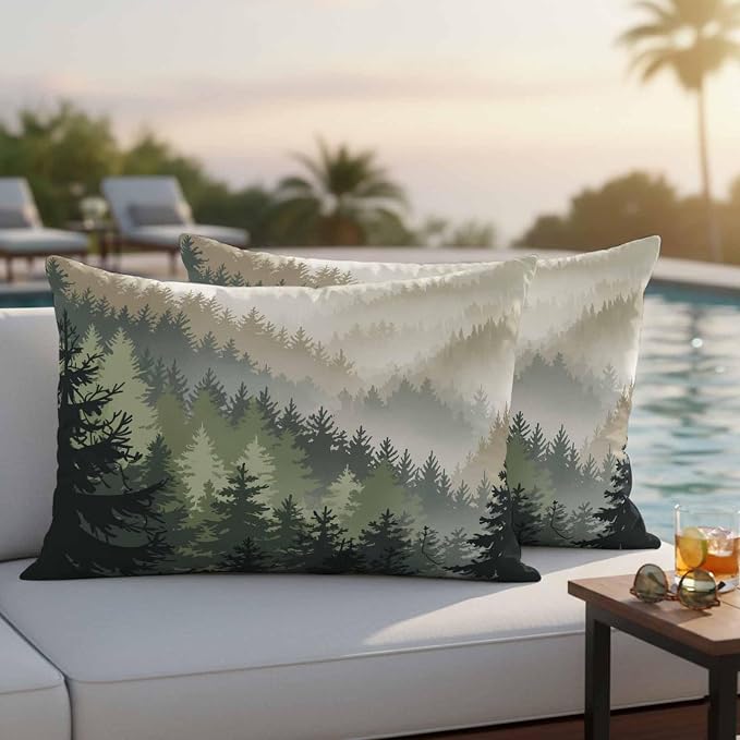 Mountains Outdoor Pillow Covers Waterproof, All Weather Cushion Case Set of 2, Watercolor Forest Nature Pine Trees Landscape Lumbar Pillowcase for Sofa Couch Bed Decor Patio Furniture 20"x12"
