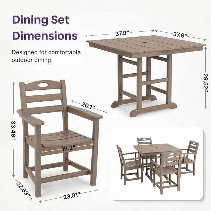 KEIKI 5-Piece HDPE Patio Dining Set and 4 Armchairs for Terrace Poolside Yard All-Weather Durable Square Table Outdoor Furniture Compact Dining Maintenance Modern Bistro Set Black