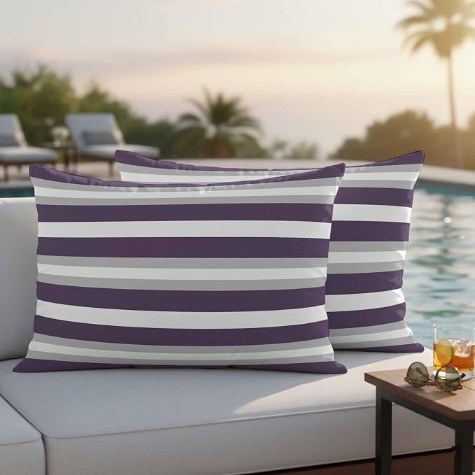 Lumbar Pillow Covers 20x12 Inch Set of 2, Purple Grey Stripe Waterproof Outdoor Pillow Covers, Minimalist Farmhouse Striped Decorative Cushion Pillowcases for Couch, Sofa, Bed, Garden, Patio