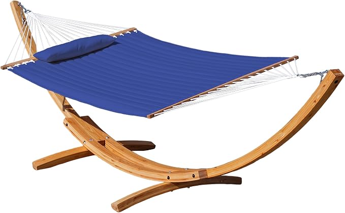 Lazy Daze Hammocks 12 FT Double Quilted Fabric Hammock and 13 FT Natural Wood Arc Stand, with Spreader Bar, Removable Pillow, 2 Person Hammock for Poolside Outdoor Patio, 450 lbs Capacity, Navy Blue