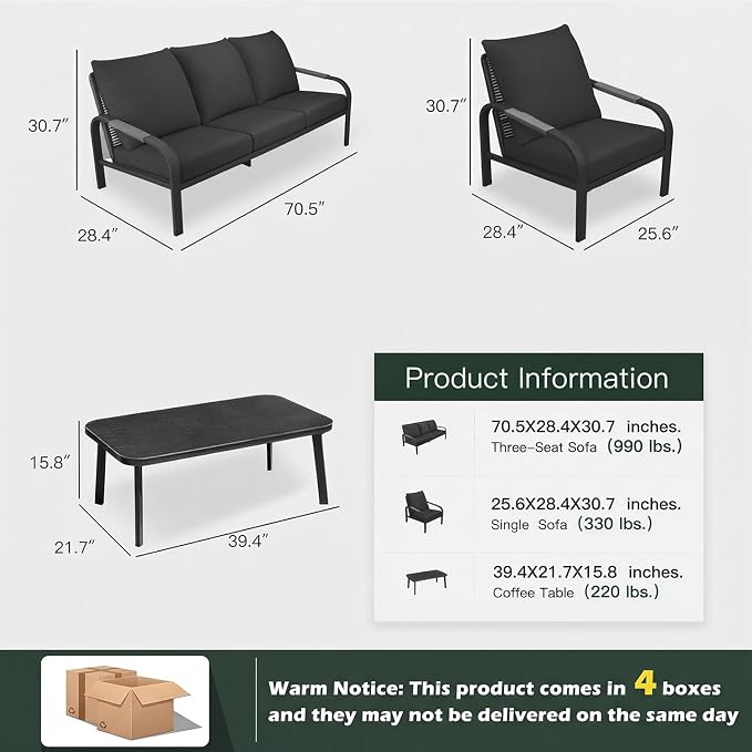 4-Piece Aluminum Outdoor Sofa Set with Coffee Table – 3-Seat Sofa and Rattan-Style Backrests, Perfect for Patio, Balcony, Garden (Grey)