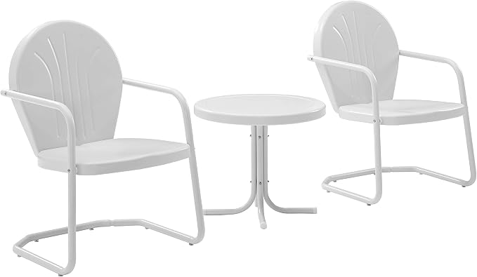Crosley Furniture Griffith 3-Piece Outdoor Chair and Side Table Set, Retro Metal Bistro Patio Sets for Porch, White