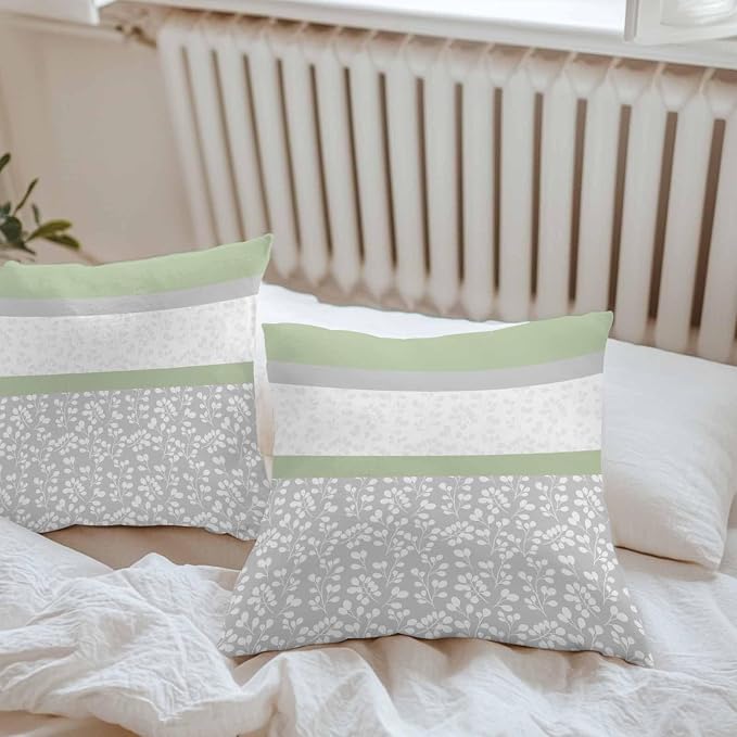 Farmhouse Flower Design Outdoor Pillow Covers 20x20in Pack of 2 Waterproof Pillowcase Green Grey White Stripe Stitching Decorative Throw Cushion Case for Patio Couch Sofa