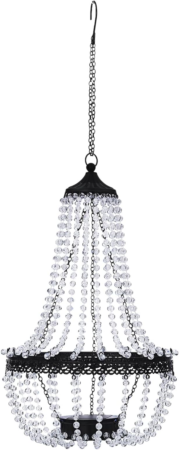 Hanging Solar Lantern Outdoor, 28” Modern Clear Crystal Acrylic Chandelier with 30 Cool White Lights S Hook for Garden, Yard, Patio, Gazebo Decorations