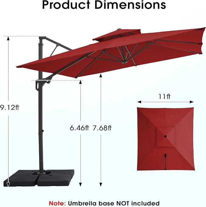 JEAREY 11ft 2-Tier Cantilever Patio Umbrella, Large Square Outdoor Offset Umbrella with Double Top Vent and 360-degree Rotation for Garden, Deck, Pool, Patio, Red