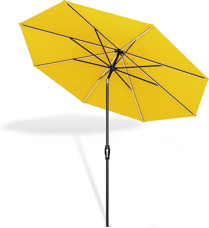 Midtown Umbrellas The LED Swilt 8 Feet Patio Umbrella With Terylast Sunflower (Yellow) Polyester Fabric - Auto-Tilt Aluminum Frame With LED Lights For Backyard, Deck, Garden, Pool - Black Pole