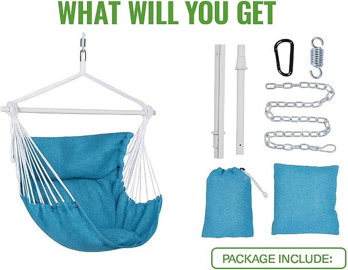 Backyard Expressions Hanging Hammock Chair Swing with Cushions & Hanging Kit – 500 lb Capacity, Cotton Blend Fabric, for Indoor/Outdoor Use – Includes Chain, Hooks & Spring – 5 Colors