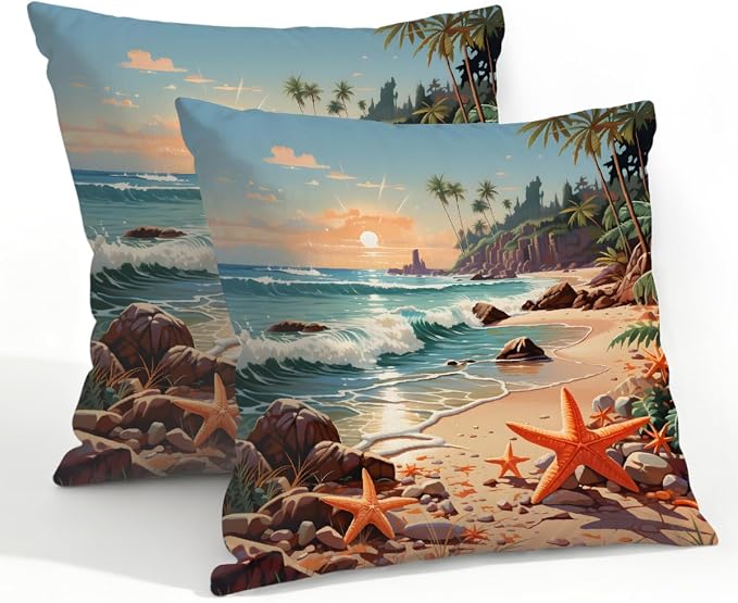 22x22 Inch Outdoor Pillow Covers Set of 2 Waterproof Throw Pillow Covers Decorative Couch Cushion Covers Beach Seaside Starfish Square Pillowcases Protectors for Patio Garden Sofa