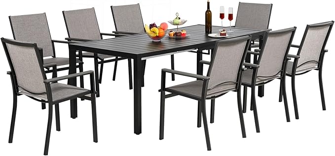 MEOOEM Outdoor Patio Dining Sets for 8, Outdoor Expandable Long Tables and Textilene Sling Chairs Set of 8, All Weather Heavy Duty 9-Piece Outdoor Patio Table and Chairs for Garden, Backyard