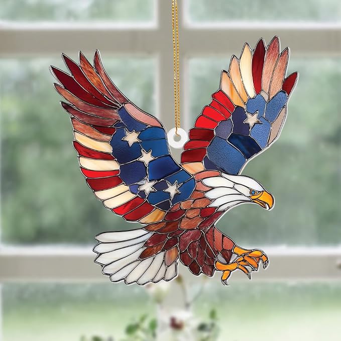 Bald Eagle Patriotic Ornament – Stained Glass American Flag Suncatcher, Acrylic Hanging Decor, USA Pride Home Office Gift, Veterans Independence Day & 4th of July Christmas Tree Ornament (Sun-11)