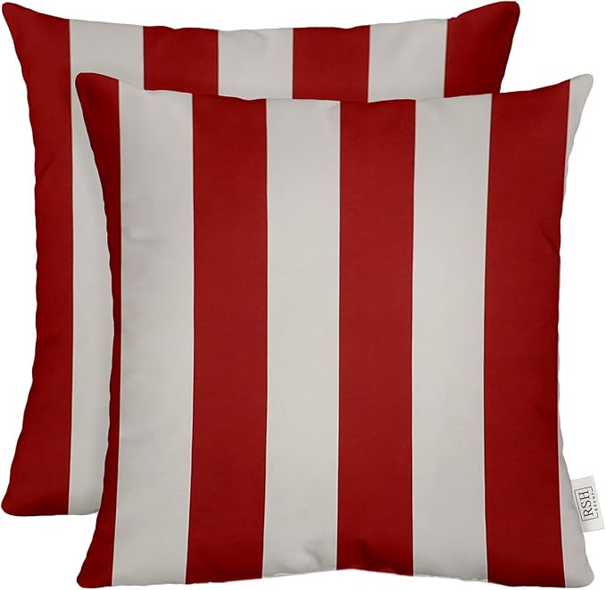 Square Throw Pillows Set of 2 | 20"x 20"| All-Weather Spun Fabric | Water and Fade-Resistant | Outdoor Accent Pillows for Patio Furniture | Red & White Stripe