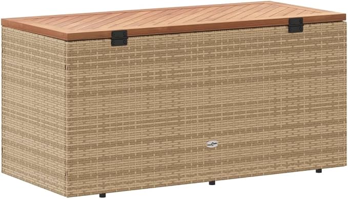 Patio Storage Box with Removable Water-Resistant Bag, Beige Outdoor Furniture Bench 43.3"x19.7"x21.3" PE Rattan & Acacia Wood Dual-Purpose Deck Box for Garden Poolside Storage