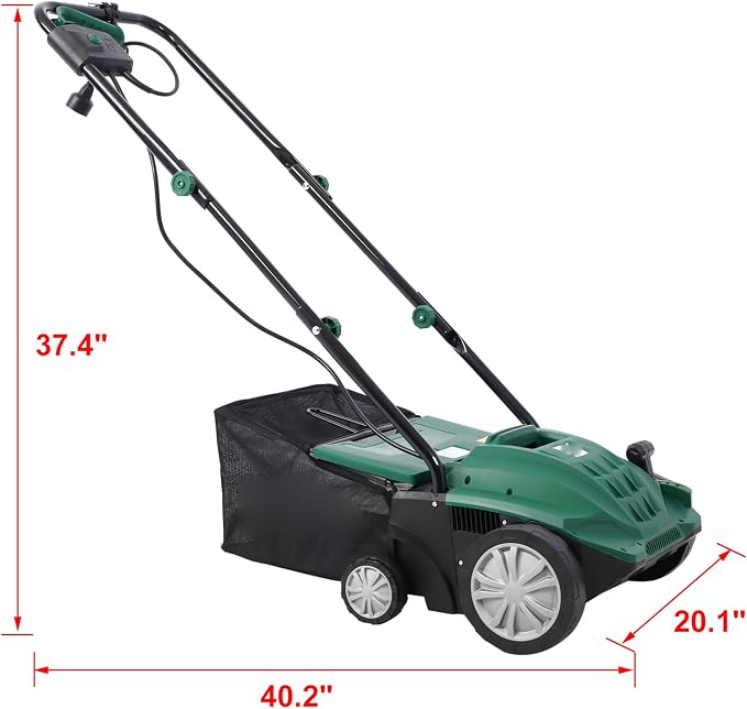 13" Electric Dethatcher and Scarifier 12 Amp Lawn Dethatcher with 31.7QT Collection Bag 2-in-1 Thatcher for Lawn Turf Vacuum for Artificial Grass Green