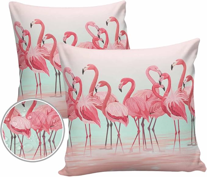 Outdoor Waterproof Throw Pillow Covers Set of 2 Pink Flamingo Pillowcases 24x24 Inches Tropical Animal Ombre Teal Patio Decorative Pillows Cushion Case Patio Pillows for Couch Bed Chair Garden