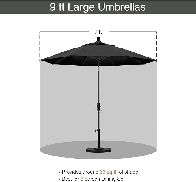 California Umbrella 9' Round Aluminum Outdoor Deck, Pool or Patio Umbrella, Crank Lift, Auto Tilt, Bronze Pole, Black Olefin