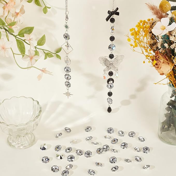 1 Box 120Pcs 14mm 2 Hole Octagon Beads Silver Crystal Glass Octagon Beads Chandelier Replacement Connector Suncatcher Faceted Spacer Prisms for DIY Lamps Hanging Ornament Pendant Jewelry