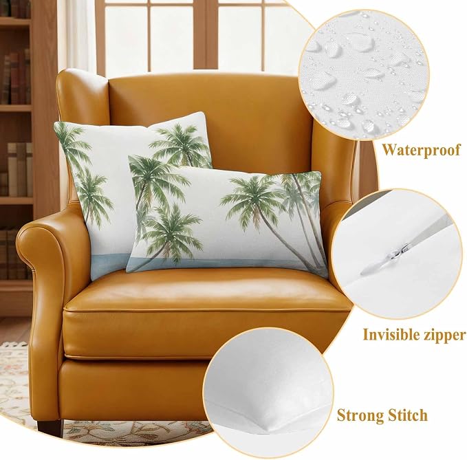 Yukro Coastal Beach Palm Tree Outdoor Waterproof Pillow Covers Pack of 2, Watercolor Coconut Tree Summer Throw Pillowcases Decorative Cushion Covers for Garden Patio Tent Sofa Couch, 18x18 inch
