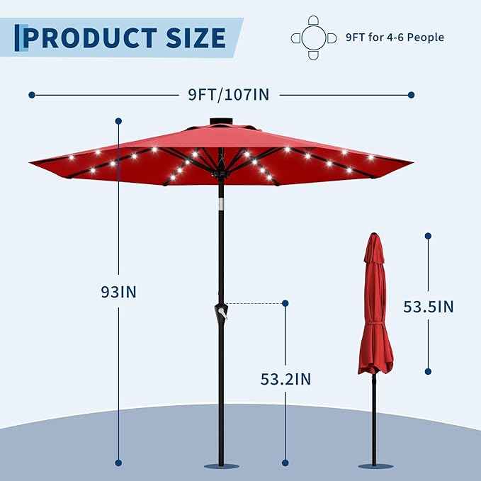 Garvee 9/10 FT Solar Patio Umbrella with 32 LED Lights - Outdoor Table Umbrella with Crank Lift, Push Button Tilt and 8 Sturdy Ribs - Market Umbrella UV Protection for Pool, Deck, Yard, Garden