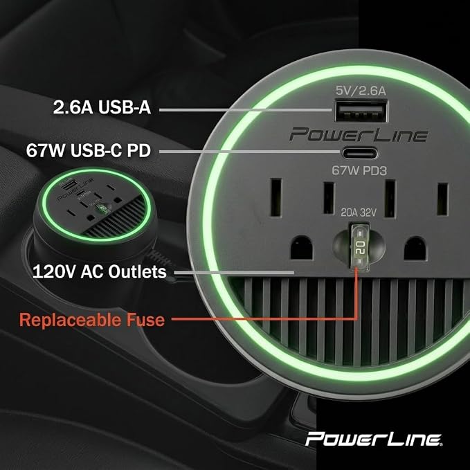 PowerLine PowerCup-XPD Car Inverter - 200/260W, 2 AC Sockets, 2 USB Ports (USB-C PD3 at 67W & USB-A at 13W)