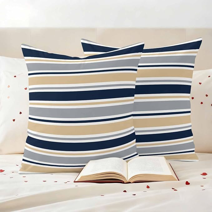 Khaki Grey Striped Outdoor Pillow Cover 26x26 Inch Cushion Sham Case, Navy Blue Farmhouse Stripes Abstract Art Waterproof Decorative Square Throw Pillowcase for Outside Garden Patio Porch Couch Chair