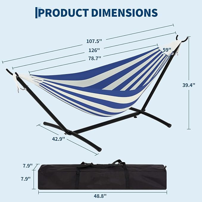 Double Hammock with Space-Saving Steel Stand - 2 Person Portable Heavy Duty Hammock with Carrying Bag for Outdoors & Indoors, Easy Assembly, 350 lbs Capacity, Yellow Rainbow Stripes