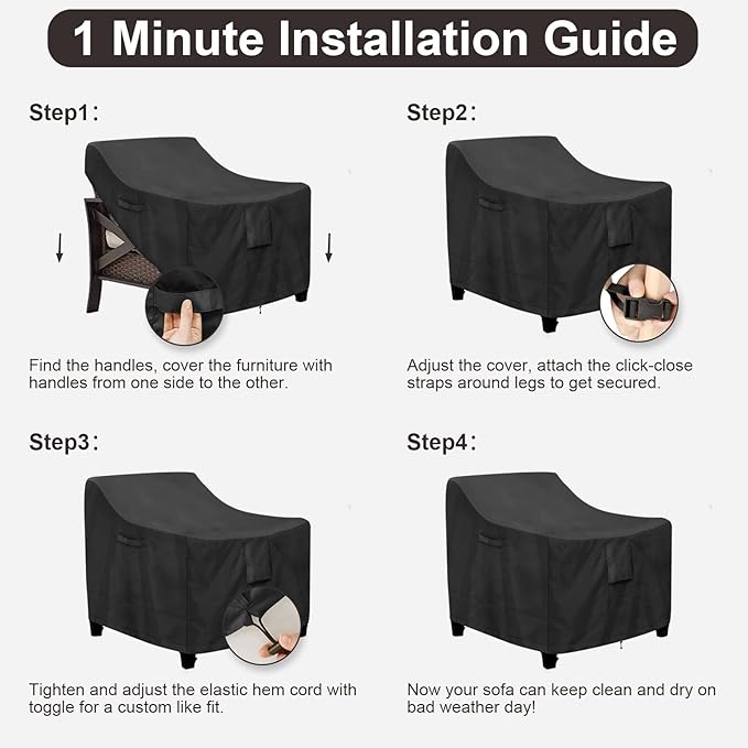 PureFit Outdoor Chair Covers Waterproof 2 Pack Patio Furniture Lawn Chair Covers for Outdoor Furniture with Air Vent and Padded Handles, Fits up to 35W x 38D x 31H Inches, Black