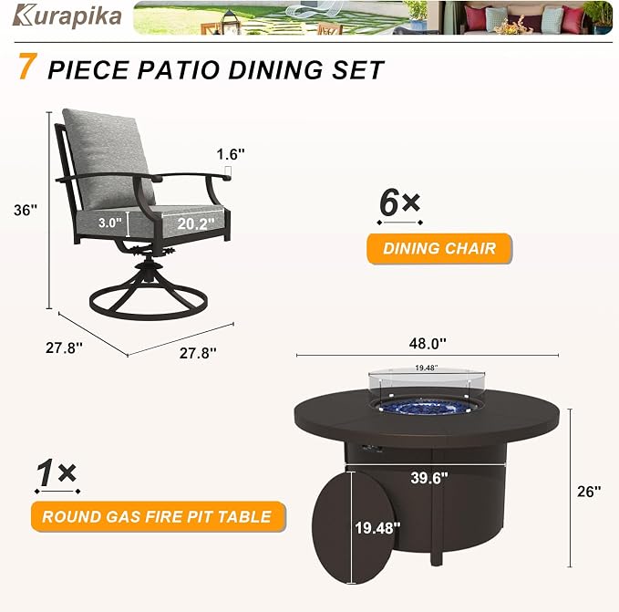 Kurapika 7 Piece Metal Moden Outdoor Patio Furniture Set with Round Fire Pit Table, Patio Conversation Sets 6 Swivel Chairs with Thick Cushion and 40000 BTU Fire Pit Table, for Yard Deck, Grey