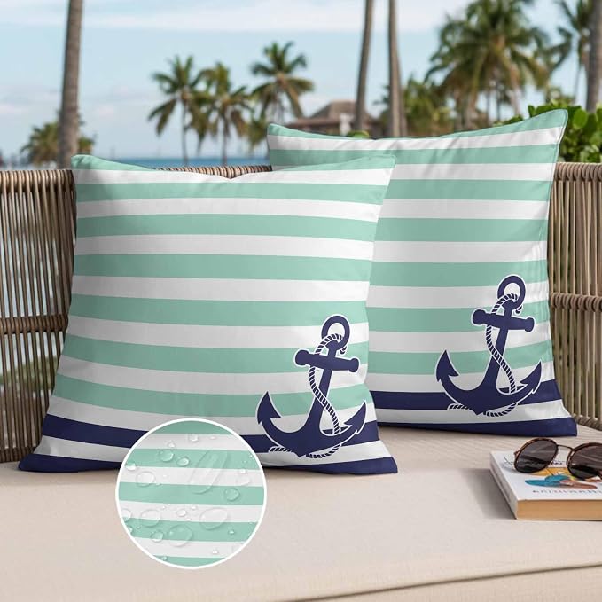 Throw Pillow Covers 18x18 Inch Set of 2, Anchor Aqua Waterproof Outdoor Cushion Covers, Modern Navy Blue White Striped Nautical Decorative Pillowcases for Couch, Sofa, Bed, Garden, Patio