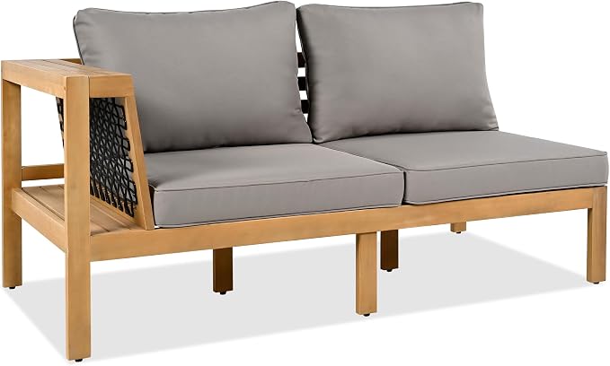Merax Outdoor Patio Furniture Set 5 Seats, L-Shaped Outdoor Sectional Corner Sofa Set, Acacia Wood Conversation Sets with Washable Cushions & Coffee Table, Patio Furniture for Backyard, Porch, Grey
