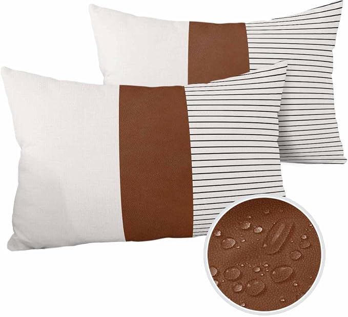 Waterproof Throw Pillow Covers for Couch Patio Living Room Furniture Garden Balcony, Boho Leather Texture Brown Rectangle Cushion Cases Home Decorations, 20 x 12 Inch Set of 2