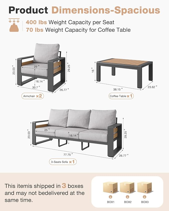 Aoxun Aluminum Patio Furniture Set, 5 Seats Luxury Outdoor Sectional with 6" Olefin Fabric Cushions, Patio Conversation Sets with Coffee Table for Backyard, Porch Light Grey