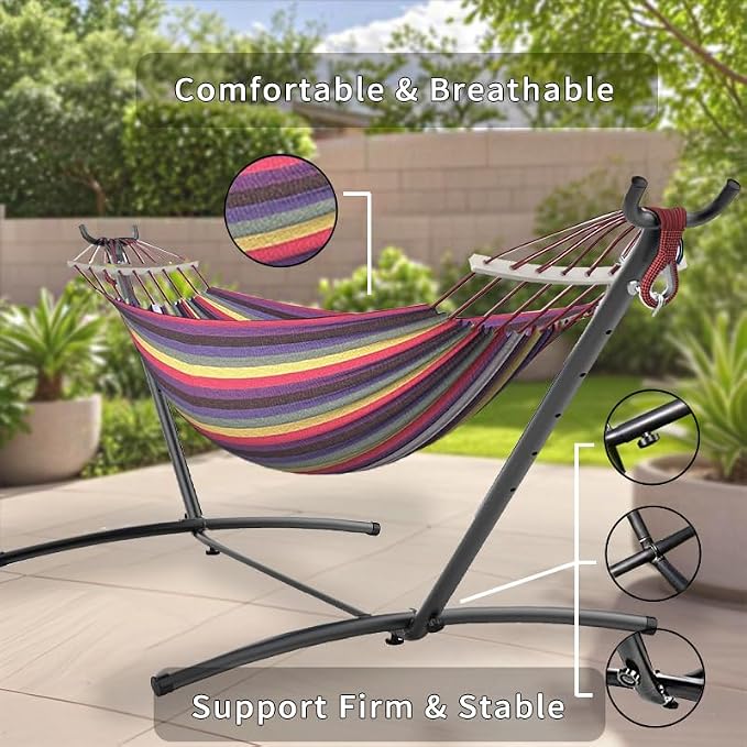 ANAGOO Double Hammock, Heavy Duty Portable, 500 lb Weight Capacity, Perfect for Both Indoors and Outdoors, 2 Person Hammock with Carrying Bag, Rainbow