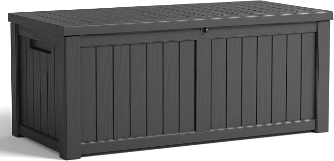 DRATO 150 Gallon Outdoor Storage Box Waterproof, Large Resin Lockable Outdoor Deck Box with Lid, Weatherproof Container for Patio Furniture Cushions, Garden Tools, Pool Accessories (Black, 150 Gallon)