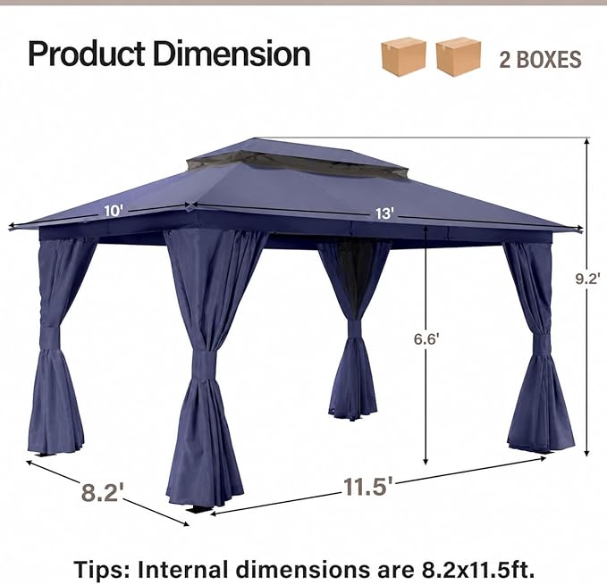 LAUSAINT HOME 10'x13' Outdoor Gazebo, Metal Frame Heavy Duty Patio Canopy Tent Shelter with Double Roofs, Mosquito Nettings and Privacy Screens for Backyard, Garden, Lawn, Navy Blue