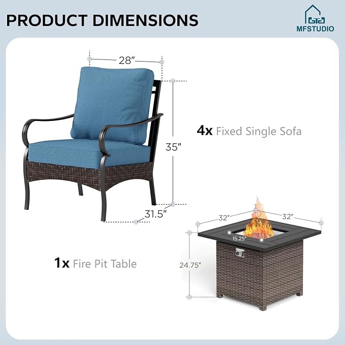 MFSTUDIO 5 Pieces Outdoor Patio Furniture Set, Metal Outdoor Conversation Sofa, Rattan Wicker Patio Sectional Sofa Set with 4 x Fixed Single Sofa, 1 x Fire Pit Table, Navy Blue