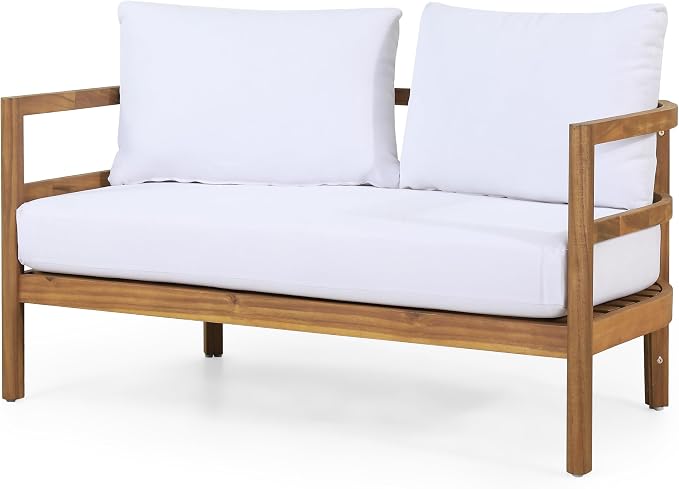 Christopher Knight Home Molly 5-Piece Patio Furniture Set, Solid Wood Outdoor Conversation Set with Coffee Table, Outdoor Sofa Set with Loveseat, Club Chairs And 3-Seater Sofa for Backyard, Teak+White