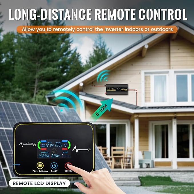 2000W Pure Sine Wave Power Inverter 12V DC to 120V AC 60HZ with LCD Display, USB Port, Wireless Remote Control（10M）, Solar, Outdoor