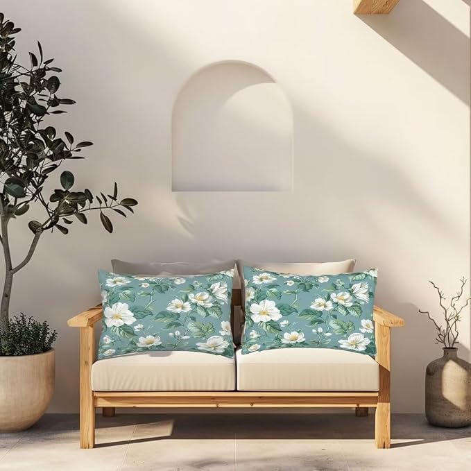 Outdoor Pillows Waterproof Set of 2 Outdoor Pillow Covers 16x24 Inch, Green Throw Pillows Flower Pillow Covers, Summer Garden Decorative Pillows Outdoor Pillows for Patio Furniture Home Decor -hs314