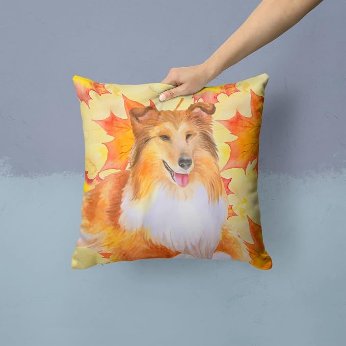 Caroline's Treasures BB9981PW1414 Sheltie Fall Fabric Decorative Pillow, Yellow Machine Washable, Indoor Outdoor Decorative Pillow for Couch, Bed or Patio, 14Hx14W
