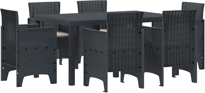7 Piece Garden Dining Set Anthracite Polt Rattan Patio Furniture Set for 6 with Rectangular Table & Removable Cushions Modern Outdoor Dining Set for Backyard, Balcony, Garden