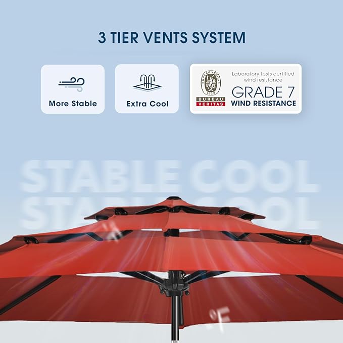 wikiwiki 10ft 3-Tier Patio Umbrella Outdoor Table Market Umbrella for Patio with Push Button Tilt/Crank, Fade Resistant Waterproof POLYESTER Canopy for Garden, Lawn, Deck, Backyard & Pool, Red