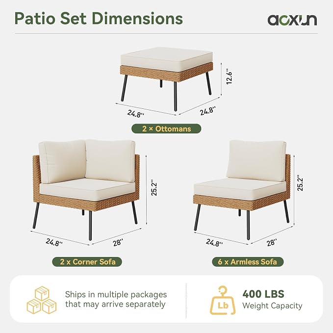 Aoxun 10 Piece Patio Furniture Set, 10 Seats Outdoor Sectional Sofas with Thick Cushion, Wicker Outdoor Patio Furniture Set with Ottomans for Party, Garden, Backyard, Beige