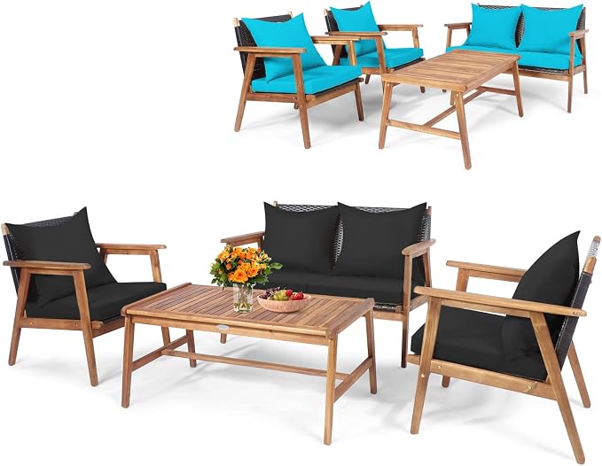 Tangkula 4-Piece Patio Furniture Set, Outdoor Acacia Wood Conversation Set with Cushions and Coffee Table, Turquoise & Black Cushion Cover Sets, Outdoor PE Wicker Sectional Sofa Set for Backyard