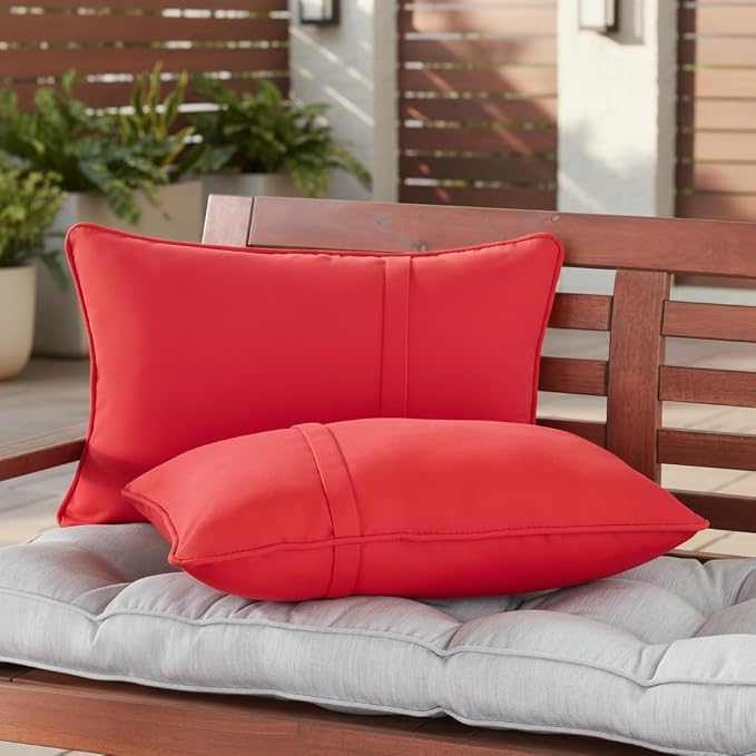 Sunbrella Rectangular Outdoor Throw Pillows 21x14 Set of 2 - Corded Lumbar Patio Accent Pillows with Pleated Design & Removable Zipper Covers – Weather & Fade Resistant Pillows, Canvas Jockey Red