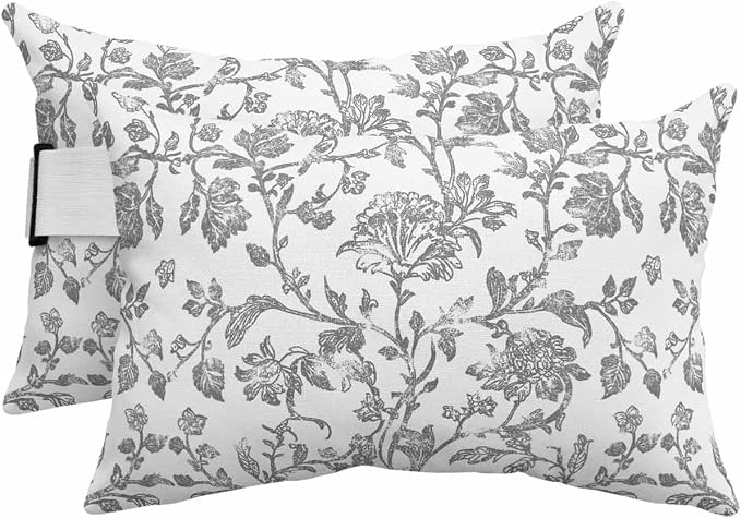 Pack of 2 Outdoor Lumbar Pillow Covers 11x16 Inch, Grey Flower Waterproof Throw Pillow Covers Set, Vintage Farmhouse Boho Leaf Spring Plant Indoor&Outdoor Cushion Cases for Patio Porch Beach