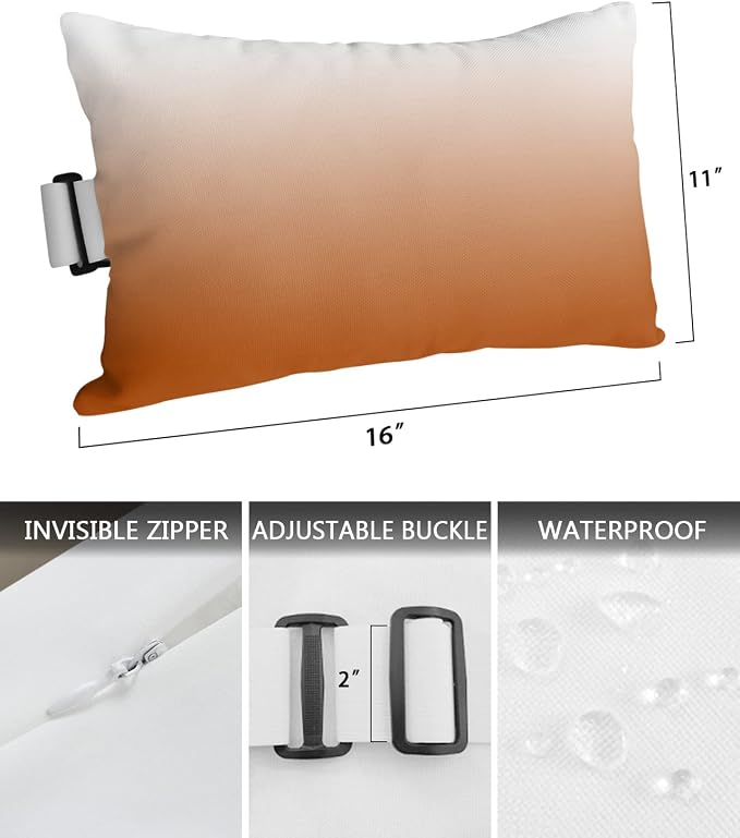 Outdoor Chaise Lounge Head Pillow, Fall Orange Throw Pillow Soft Lumbar Pillows with Elastic Straps and Insert, 1 Pack Headrest Cushion for Patio Pool Beach Autumn Ombre Color 11"x16"