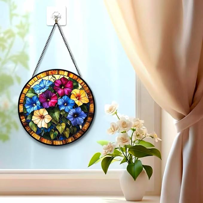 Stained Glass Window Hanging - The Blooming Morning Glory 7.8 Inches Suncatcher for Garden Home Decor for Women Mon Grandma Friends
